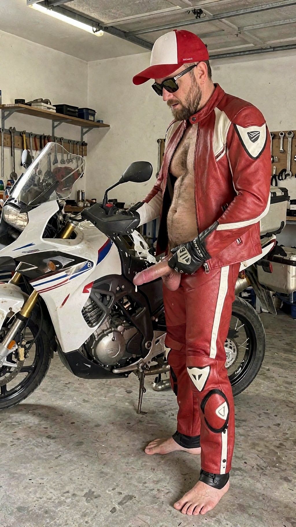 A man with red and white motorcyclist gear poses barefoot in a garage next to a white sport bike, with his leather jacket open leaving his chest and abdomen exposed and his pants partially lowered or open, explicitly exposing his penis. He wears a red and white cap, dark sunglasses, motorcycle gloves and leather pants with knee protections, in a domestic workshop environment with hanging tools, shelves and concrete floor. The scene combines motorcyclist aesthetics, mechanical garage, leather clothing, sport motorcycle and a provocative pose of a sexual nature.