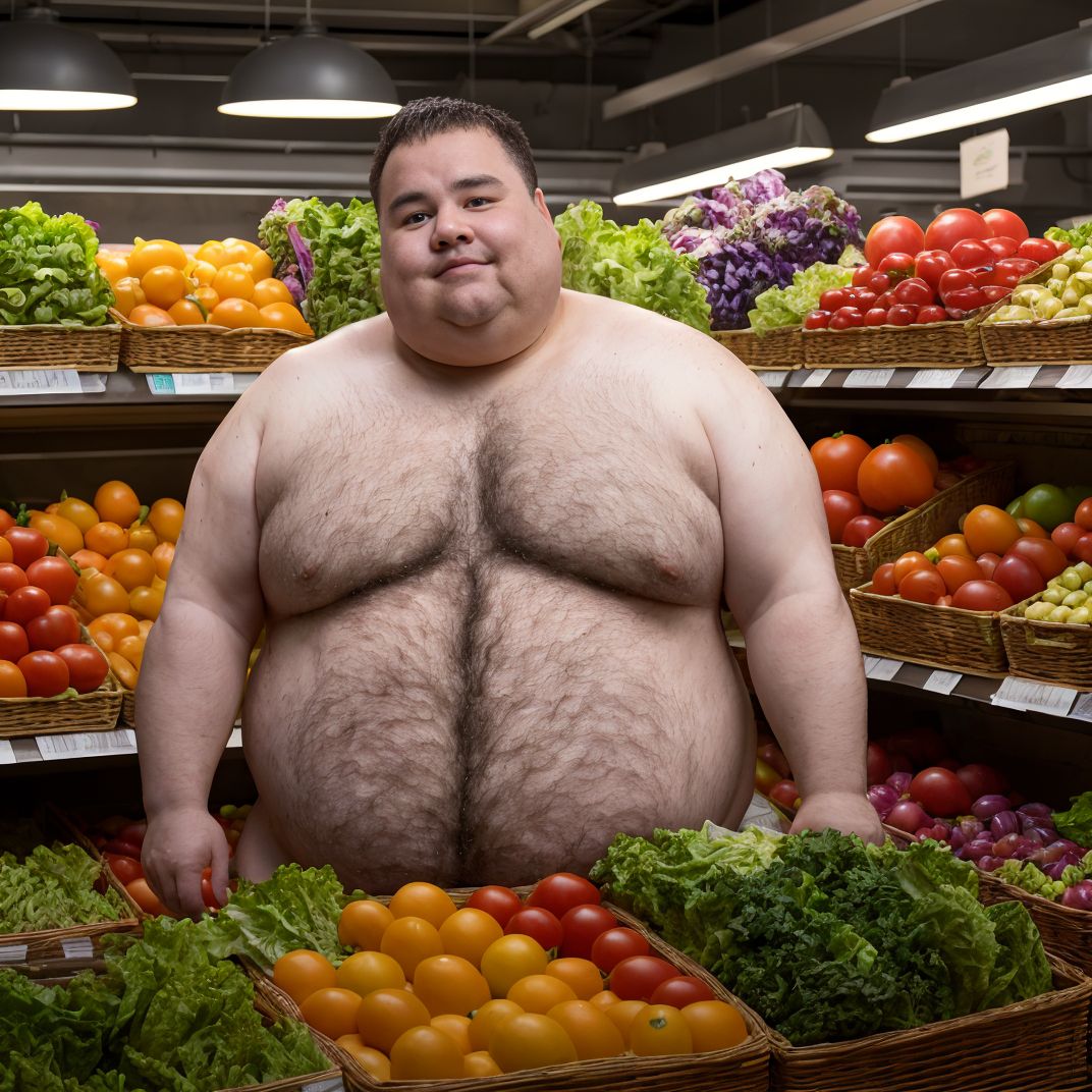 Hombre obeso desnudo, con cara de sufrimiento, piel sudorosa, en una tienda de fruta y verdura, rodeado de frutas y verduras frescas, estantes llenos de productos, luces fluorescentes, pose natural, anatomía detallada, mirada relajada, ambiente fresco y colorido, con lechugas y tomates alrededor, sin ropa, mostrando su cuerpo rollizo.