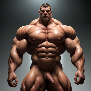 hombre musculoso extremadamente masivo y gigantesco, altura colosal, músculos hiperdesarrollados, pectorales enormes y definidos, brazos descomunales, piernas como columnas, físico intimidante y dominante, anatomía masculina prominente, cuerpo sin ropa, músculos marcados y venas visibles, postura imponente y autoritaria, expresión severa y dominante, iluminación dramática, fondo neutro, enfoque en la musculatura extrema, proporciones exageradas, físico de titán, sin censura, realismo anatómico, tensión muscular visible, sudor en la piel, mirada penetrante y cruel