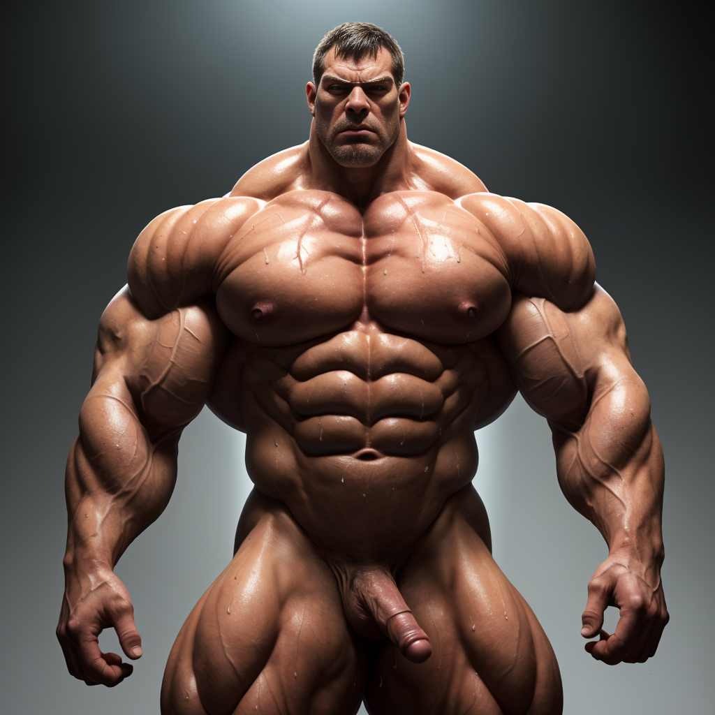 hombre musculoso extremadamente masivo y gigantesco, altura colosal, músculos hiperdesarrollados, pectorales enormes y definidos, brazos descomunales, piernas como columnas, físico intimidante y dominante, anatomía masculina prominente, cuerpo sin ropa, músculos marcados y venas visibles, postura imponente y autoritaria, expresión severa y dominante, iluminación dramática, fondo neutro, enfoque en la musculatura extrema, proporciones exageradas, físico de titán, sin censura, realismo anatómico, tensión muscular visible, sudor en la piel, mirada penetrante y cruel