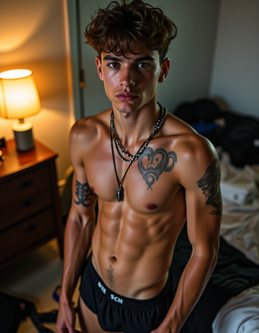 A young shirtless man poses standing in a bedroom with warm light, looking directly at the camera with a serious expression and a slightly sweaty face. He has dark brown, wavy, tousled hair, tanned skin, a muscular torso with defined abs, and several visible tattoos on his chest, shoulders, and arms, including a large design over his left pectoral. He wears layered necklaces with beads and pendants, as well as low-waisted black shorts. In the background there is an unmade bed with dark clothing, a wooden nightstand with a lit lamp illuminating the scene, and an intimate modern bedroom atmosphere with soft shadows.