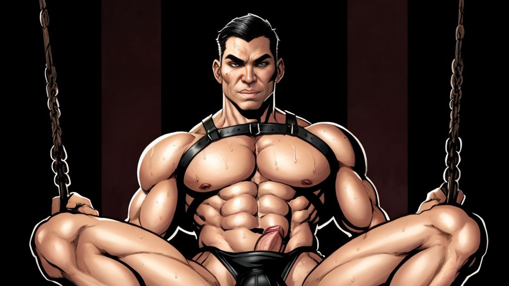 Hombre musculoso con arnés de cuero negro, sentado en un columpio sexual, mostrando su torso desnudo, con piernas abiertas y pene visible, en un ambiente oscuro y sensual, con luces rojas y sombras profundas, ropa interior negra y detalles de sudor en la piel.