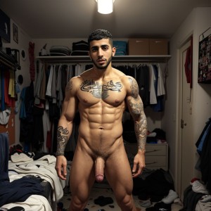 Un hombre desnudo de complexión muy musculada posa de pie en un dormitorio desordenado, mirando directamente a la cámara con expresión seria. Tiene el pelo corto oscuro, barba recortada y numerosos tatuajes en el pecho, los hombros y ambos brazos, destacando un gran diseño con letras sobre los pectorales. Su torso marcado, abdominales definidos, piernas fuertes y pene visible ocupan el centro de la escena. Al fondo hay un armario abierto con ropa colgada, cajas en la parte superior, cajones, prendas tiradas por el suelo y una cama revuelta a un lado, todo bajo una luz cenital cálida que enfatiza el ambiente íntimo y cotidiano de la habitación.