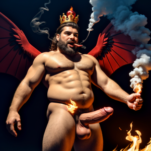 Cneo Pompeyo Magno desnudo con pene grande y testículos grandes peludos. Dobla el brazo derecho para enseñar los bíceps del brazo derecho con gran orgullo. Tiene mucho vello por todo el cuerpo. Está bronceado. Tiene corona de oro. Tiene alas de diablo negras y rojas oscuro. Tiene un chorro de humo en su boca. Tienen una llama de fuego en su boca. Los brazos están hacia arriba implorando rayos y fuego. Tiene un chorro de fuego en el pene que sale a chorros rojos hacia arriba de su pene erecto tieso hacia arriba. Sus ojos son grandes y rojos. Está enseñando sus grandes testículos. Tiene testículos grandes y oscuros. Está alumbrado con mucha luz roja por todo el cuerpo. Es muy atractivo. Está rodeado de llamas y humo. Tienen cara de maldad y con barba muy grande