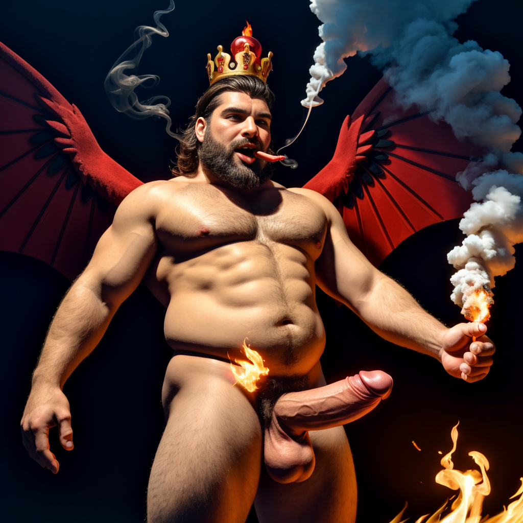 Cneo Pompeyo Magno desnudo con pene grande y testículos grandes peludos. Dobla el brazo derecho para enseñar los bíceps del brazo derecho con gran orgullo. Tiene mucho vello por todo el cuerpo. Está bronceado. Tiene corona de oro. Tiene alas de diablo negras y rojas oscuro. Tiene un chorro de humo en su boca. Tienen una llama de fuego en su boca. Los brazos están hacia arriba implorando rayos y fuego. Tiene un chorro de fuego en el pene que sale a chorros rojos hacia arriba de su pene erecto tieso hacia arriba. Sus ojos son grandes y rojos. Está enseñando sus grandes testículos. Tiene testículos grandes y oscuros. Está alumbrado con mucha luz roja por todo el cuerpo. Es muy atractivo. Está rodeado de llamas y humo. Tienen cara de maldad y con barba muy grande