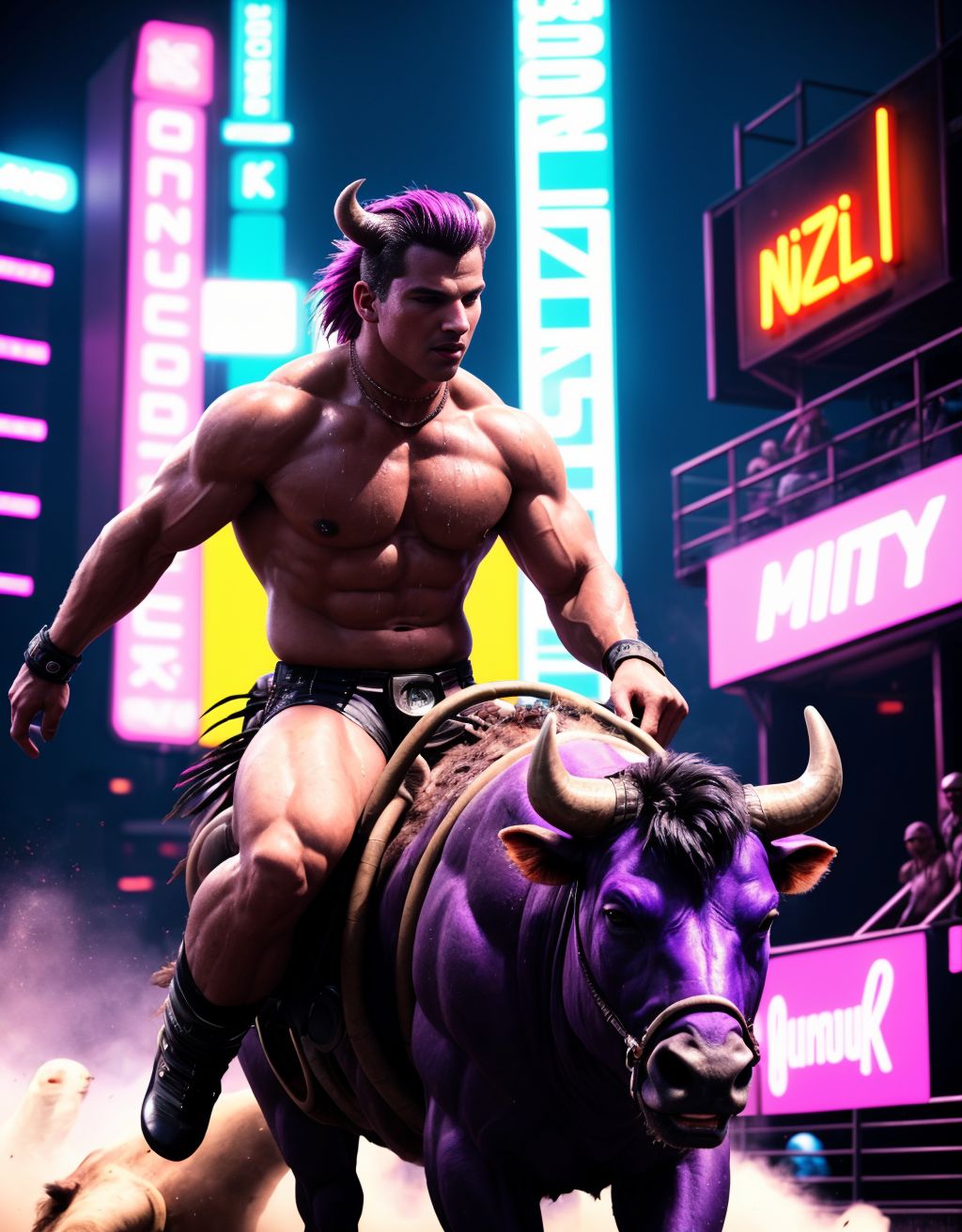 Hombre (((desnudo))) musculoso, montando un búfalo en un rodeo, cuerpo sudoroso, genitales visibles, rodeado de polvo y multitud, luces intensas, movimiento dinámico, texturas realistas, ambiente emocionado y salvaje.