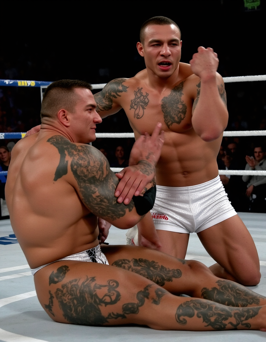 Dos boxeadores muy musculosos y con varios tatuajes grandes están en el ring, desnudos  con pequeño pantalón de boxeo,  los dos boxeadores  muestran magulladuras en la cara y labio partido, uno de ellos ha quedado derrotado sentado en el suelo y apoyado en la barra del ring con aire de derrota, demacrado, el otro es el vencedor, levanta su puño en alto en señal de victoria y  le ha quitado el  pantalón para humillarlo, quedando en un tanga plateado ridículo, el público desde las gradas aplaude