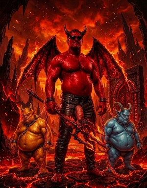 Un demonio rojo de aspecto imponente ocupa el centro de una escena infernal, con cuerpo musculoso, alas membranosas extendidas, cuernos negros, barba espesa y gafas oscuras, rodeado por fuego, lava y un cielo ardiente de tonos rojos y naranjas. Viste pantalones de cuero negros abiertos en la entrepierna, dejando el pene expuesto, y sostiene una espada llameante con forma retorcida. A ambos lados aparecen dos demonios más pequeños y obesos, uno amarillo y otro azul, encadenados y con expresiones severas, caminando sobre roca volcánica agrietada. El entorno recuerda a una caverna del inframundo, con pináculos oscuros, brasas flotantes, cadenas, símbolos demoníacos y una atmósfera de fantasía oscura, poder, violencia y fuego.