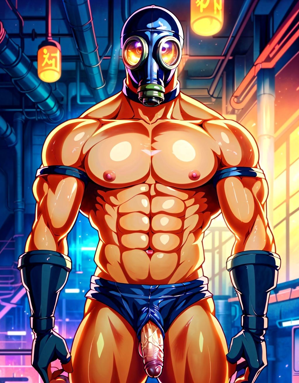 A hyper-muscular man in cyberpunk anime illustration style poses front-facing in a futuristic alley lit by blue, pink, and orange neon, with industrial pipes and glowing signs in the background. He wears a black gas mask with bright circular lenses that completely hides his face, reinforcing a latex, fetish, and science-fiction aesthetic. His bare torso appears exaggeratedly defined, with large pectorals, marked abs, and shiny, oiled-looking skin. He wears very tight blue briefs open at the front, leaving the penis exposed, as well as long black gloves and dark armbands on his arms, creating a provocative, theatrical, and highly stylized composition.