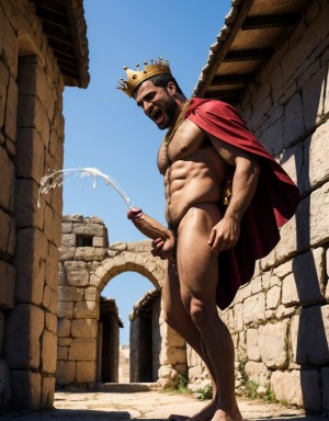 Hombre griego del siglo 1. Esta en un poblado del siglo 1 con casas antiguas. Está desnudo. Tiene un pene grande eyaculando semen liquido blanco, chorreando. Tiene dos testículos gordos y peludos colgando entre las piernas. Está contento. Tiene una corona de oro con diamantes en la cabeza. Tiene una cadena de oro colgando del cuello. Tiene una capa roja colgada del cuello hacia la espalda. Tiene sandalias marrones en los pies. Su pene está erecto y está eyaculando semen blanco. Existe un hombre desnudo a su lado, sexo anal salvaje con mucho placer. Tiene la boca abierta. Está gritando de placer y amor. Sale semen liquido blanco choreando. Sexo anal con hombre negro, sexo duro, sexo salvaje. Tiene mucho vello. Tiene barba. Está eyaculando semen liquido blanco chorreando. Eyaculación. Sexo anal.