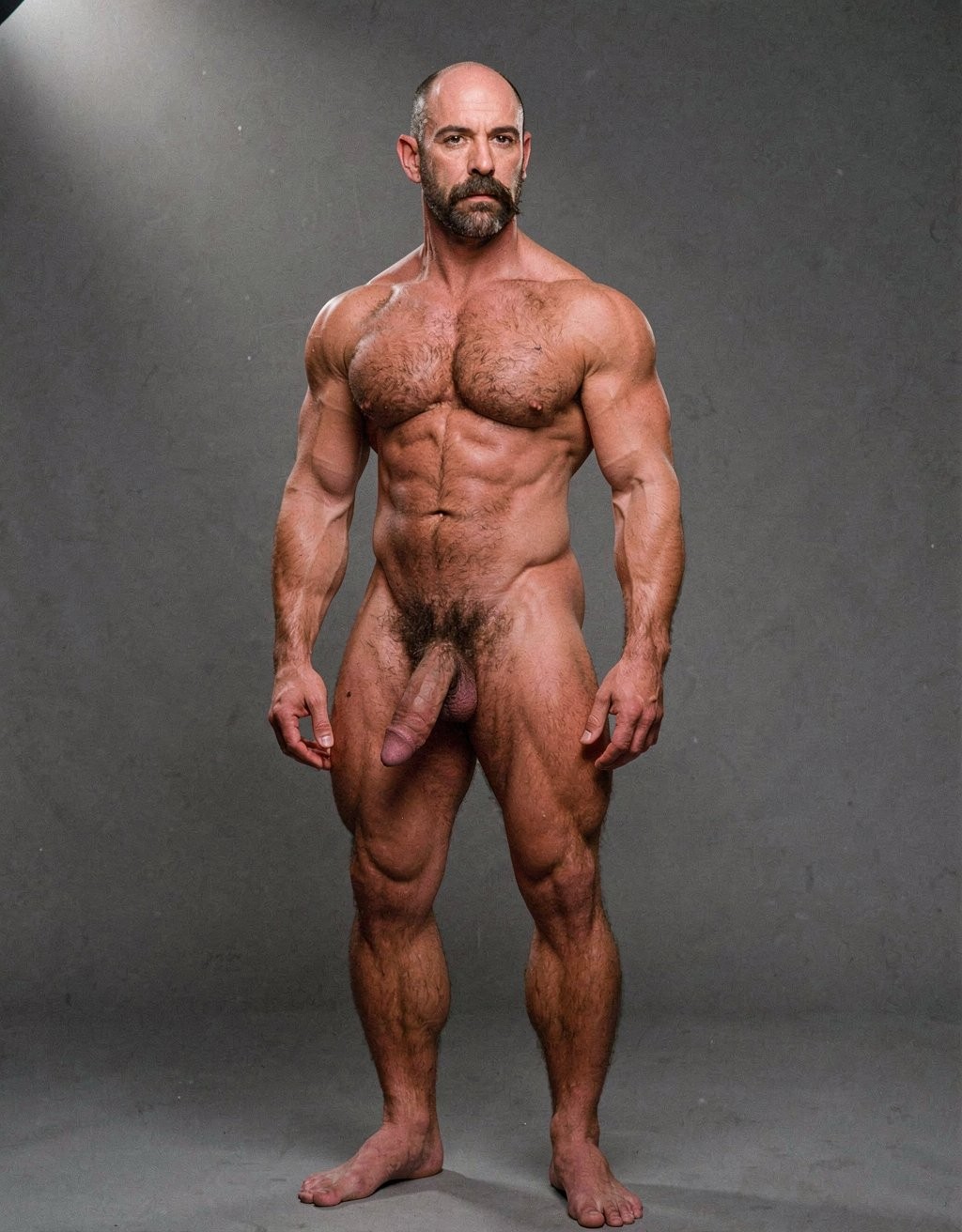 Un hombre musculoso y calvo posa de pie completamente desnudo sobre un fondo gris de estudio, con iluminación suave que resalta la definición de sus pectorales, abdominales, brazos y piernas. Tiene barba oscura, expresión seria y mirada dirigida hacia la cámara, con una postura frontal firme y los brazos relajados a los lados. El vello corporal cubre parte del pecho, abdomen, pubis y piernas, y el pene queda visible de forma natural en el centro de la composición. La escena transmite un retrato físico de tipo fitness o culturismo, centrado en la anatomía masculina, la musculatura marcada y la pose corporal sobria.