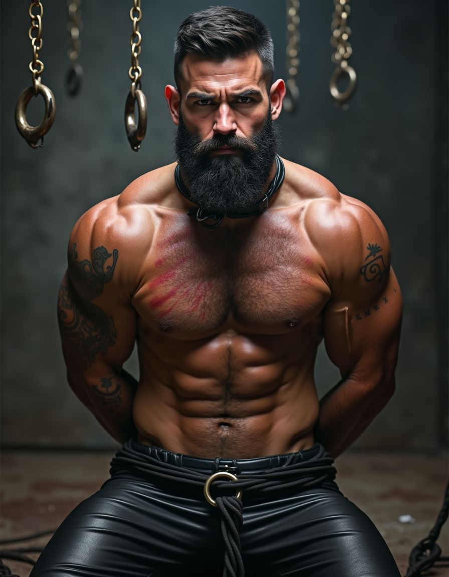 Hombre musculoso muy parecido a Austin Wolf, 40 años, 1.88m de altura, cuerpo extremadamente marcado y definido, pectorales grandes y cuadrados, abdominales six-pack profundos, brazos gruesos y venosos, hombros anchos, trapecios marcados, piel blanca bronceada, pelo negro corto con rapado a los lados estilo fade, barba negra densa perfectamente recortada cubriendo mandíbula cuadrada, ojos marrones oscuros con mirada penetrante desafiante, rasgos faciales masculinos y angulosos, nariz recta, cejas gruesas, vello corporal negro medio en pecho bajando por abdomen, tatuajes en brazos y torso, de rodillas con manos atadas detrás de la espalda con cuerdas gruesas negras, collar de cuero negro con argolla de metal plateado al cuello, torso desnudo brillante de sudor con marcas rojas de latigazos cruzando la espalda y hombros, expresión de sumisión forzada pero con actitud alfa contenida, mandíbula apretada, músculos tensos y flexionados, pantalón de cuero negro ajustado bajado hasta musculosos muslos mostrando bulto grande pronunciado, iluminación dramática cenital tipo mazmorra BDSM, cadenas y ganchos colgando del techo de fondo, ambiente oscuro con tonos grises y negros, fotografía hiperrealista 8K