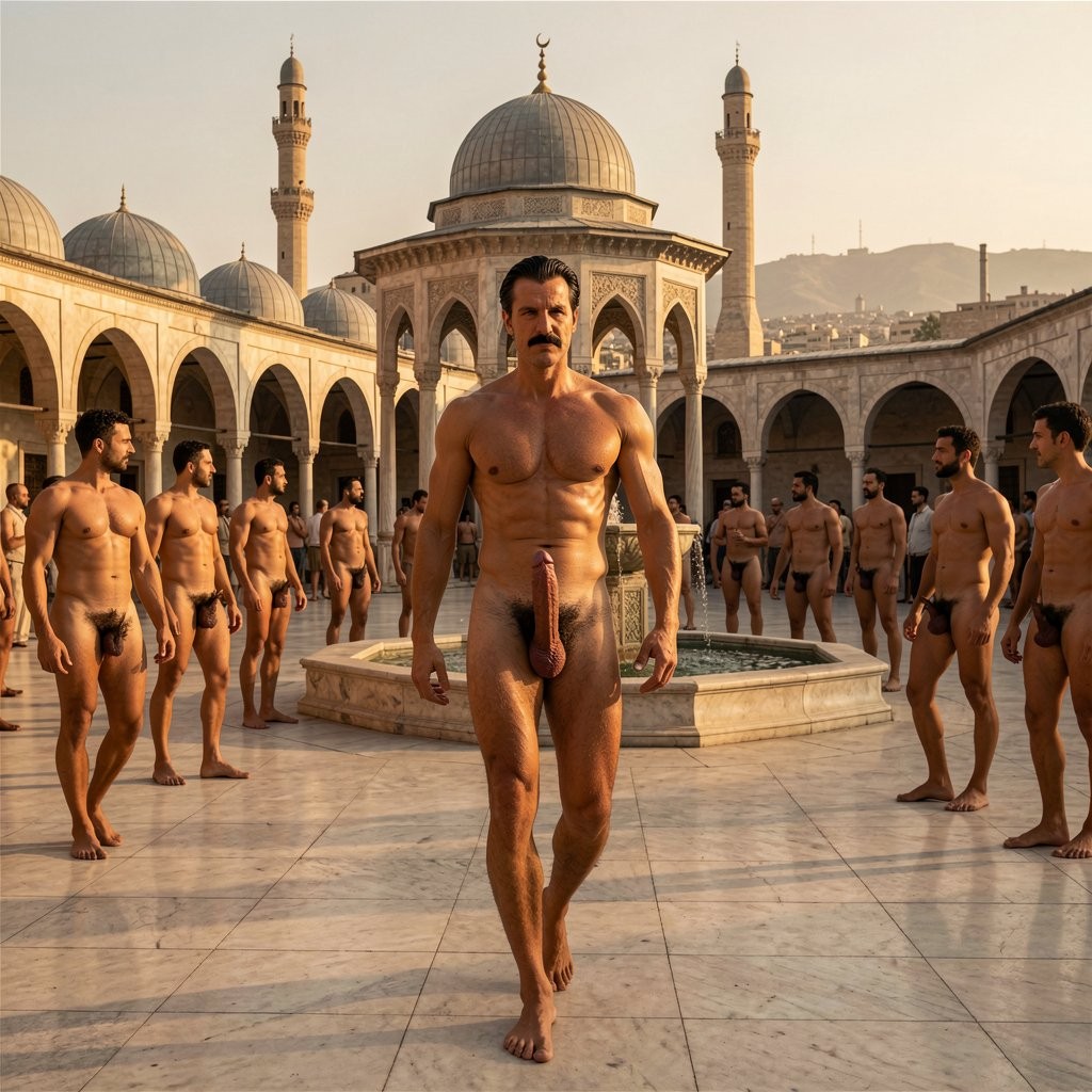 A naked man with a mustache walks barefoot through the center of a wide marble courtyard, with his penis visible and his body illuminated by a warm sunset light, while several men, also naked, stand on both sides as if forming a ceremonial or surreal scene. The setting resembles a great mosque or Islamic complex, with stone arches, columns, domes, minarets, and an octagonal fountain in the center, all under golden tones and monumental architecture. The symmetrical composition, the collective male nudity, and the solemn atmosphere create a strange, theatrical image that is clearly digitally generated or manipulated.
