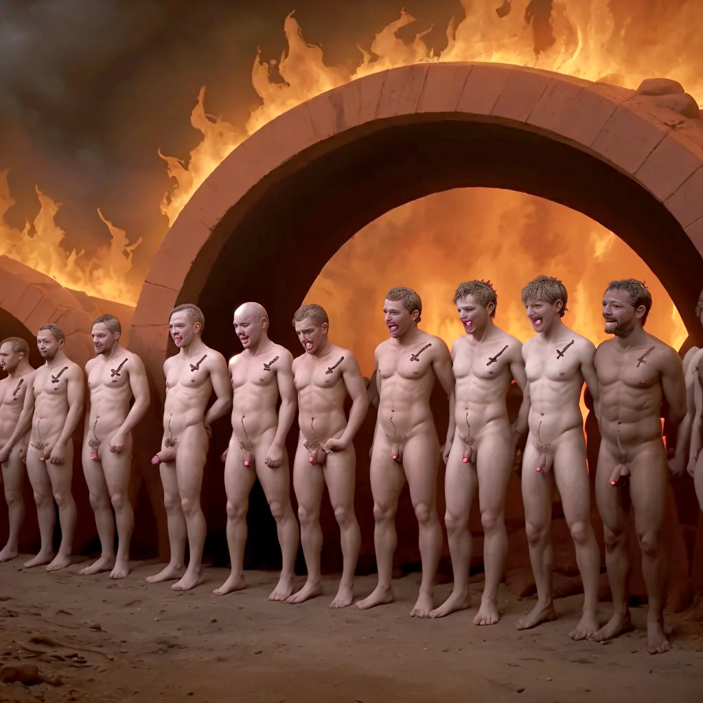 Grupo de chicos completamente desnudos, en fila ante la puerta del infierno, han sido marcados para su entrada. 
