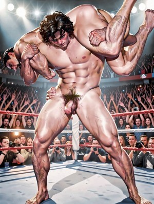 Un luchador desnudo, musculoso y sudoroso, ocupa el centro de un ring de lucha libre mientras carga sobre sus hombros a otro hombre también desnudo en una llave de fuerza, rodeado por un público eufórico que levanta los brazos y graba con móviles. La escena tiene estética de combate espectáculo, con focos brillantes, cuerdas del cuadrilátero, fotógrafos a pie de ring y una atmósfera intensa de arena deportiva. El cuerpo principal aparece de frente, con abdominales marcados, piernas tensas, vello púbico visible y el pene expuesto, mientras su expresión concentrada y la postura del rival transmiten esfuerzo físico, dominación y tensión competitiva.