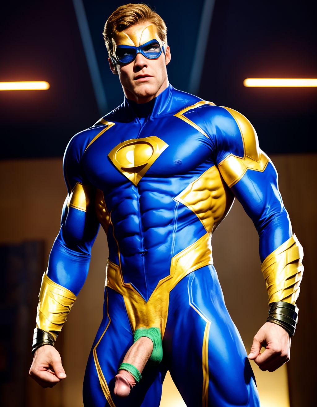  Booster Gold. Tiene el pene grande de donde sale mucho semen. Tiene los testículos grandes y peludos. Está de cuerpo entero y de pie.