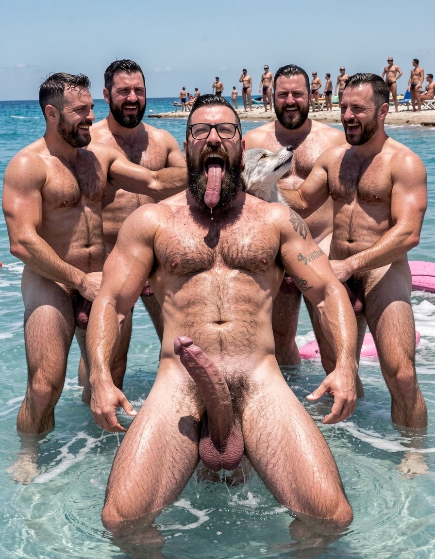 Photorealistic cinematic scene at El Playazo nudist beach, Vera Playa, Almería, under intense bright midday Mediterranean sun with turquoise waves and pink-tinted foam splashing around them. Hipsterbarba, exact 40 year old Spanish muscle bear, 180cm 80kg 8% body fat, shredded dry six-pack with deep cuts and visible linea alba, dense black chest hair matted wet against his skin, treasure trail running down to thick black pubes, rounded developed pecs with hard dark nipples, broad shoulders, highly vascular muscular arms with small black tattoo “hipsterbarba” on right bicep, powerful thick hairy legs with perfectly defined quads hamstrings adductors and calves, modern high fade undercut hairstyle soaked, extremely long perfectly groomed Bandholz beard reaching almost to mid chest completely wet and dripping seawater, thick mustache with longer ends curled upwards in elegant spirals, black hipster horn-rimmed glasses, stands chest-deep in the water looking extremely horny and dominant. The hairy bear of 42, extremely muscular, very hairy and masculine, is on his knees in the water sucking Hipsterbarba’s massive thick veiny cock (over 26cm, rock hard, veins bulging) deep into his throat. The bear has his thick lips stretched tight around the huge pink glans and shaft, sucking hard and fast, saliva and precum dripping from his mouth into the sea, eyes watering with lust. Hipsterbarba is face-fucking him aggressively, hips thrusting forward, muscles fully tensed and pumped, looking like he’s at over 100% intensity. The other five massive muscular hairy men surround them closely, all completely naked, stroking their own huge hard cocks, rubbing their wet hairy bodies and cocks against Hipsterbarba’s thighs, ass and chest. One silver fox is behind him fingering his ass with three fingers. All faces flushed with beer and raw lust, wide horny expressions, groaning. Water and pink foam splashing up their shredded abs, dense chest hair and beards. Chiringuito El Pirata visible in the sunny background with more naked men watching from the shore. Hyper-detailed realistic wet skin textures, every individual body hair visible and dripping, sharp focus, maximum photorealism, authentic Mediterranean midday lighting, cinematic composition.