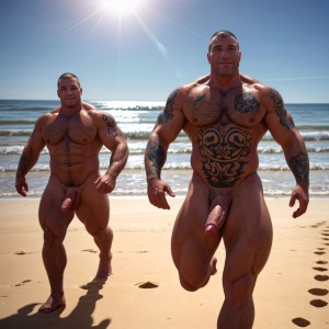 Tres soldados desnudos musculosos y tatuados, de 35 años de edad, disfrutan de su día de descanso haciendo deporte en una playa del Pacífico, están corriendo desnudos y mostrando su grandes penes y hermosos testículos. Tienen mucho vello por todo el cuerpo. La luz del Sol les da de frente e ilumina con claridad sus cuerpos sudorosos. Su pene se mueve hacia los lados quedando los testículos al descubierto.