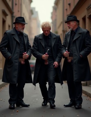 Tres hombres maduros vestidos de negro, tipo gótico, se sacan los penes y se masturban en un callejón, eyaculan unos sobre otros. 