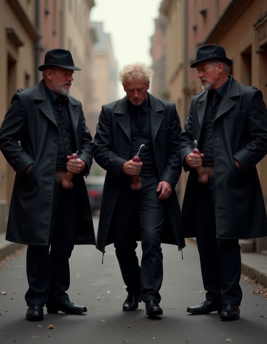 Tres hombres maduros vestidos de negro, tipo gótico, se sacan los penes y se masturban en un callejón, eyaculan unos sobre otros. 