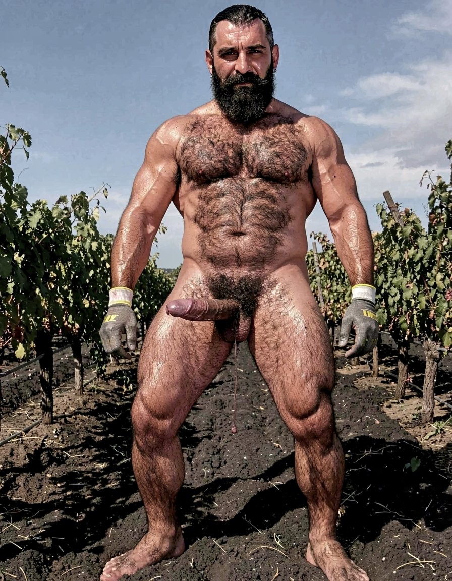 A hyper-realistic full-body vertical photograph taken in harsh midday Santorini sunlight over black volcanic soil between rows of Assyrtiko vines. Dimitris, 32, stands completely naked except for grey work gloves with yellow and white stripes, feet planted wide apart on the dark earth, toes gripping the soil. Shot from a low frontal angle so every inch from his big dirty feet to the top of his head is visible without cropping. His body is at 5% body fat, extremely muscular competition physique: huge veiny traps and shoulders, massive hairy pecs, eight-pack abs partially covered by dense black curly body hair that runs from his neck all the way down to his toes. Extremely thick black pubic bush, massive thick veiny Greek cock rock-hard and pointing upward almost touching his abs, swollen purple glans shiny with precum, a long clear drop hanging from the slit. Heavy low-hanging hairy balls. Thick black hair covers his powerful thighs, calves and feet. His face is pure predator: long thick connected black beard and mustache, short jet-black hair with shaved sides, dark intense eyes looking straight at the viewer, small silver earring in left ear. Skin deeply tanned and covered in sweat that makes the dense body hair glisten. Every muscle, every strand of wet black hair, every vein is razor sharp under the direct Mediterranean sun. Maximum photorealistic detail, vertical composition showing the entire body head to toe with no cropping.