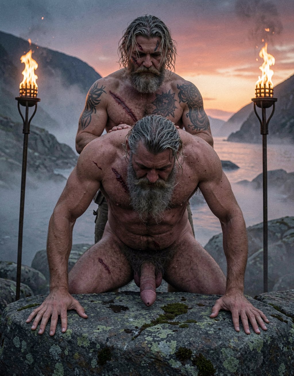 Amleth y Aurvandil.
Dos vikingos desnudos en plano entero, fiordo nórdico al anochecer, niebla baja densa cubriendo el suelo rocoso, antorchas de fuego real con llamas anaranjadas danzantes en soportes de hierro forjado a ambos lados, contraluz crepuscular con cielo degradando de azul ultramar a naranja quemado y rojo carmín en el horizonte, iluminación cinematográfica de tres puntos, estilo visual crudo y oscuro de cine histórico nórdico, paleta de colores desaturados y tonos tierra, grano de película analógica 35 mm, 8K UHD, hiperrealismo extremo, composición simétrica perfecta, nitidez absoluta.

Primer vikingo (el joven guerrero), 29 años, 194 cm, complexión atlética musculada, piel pálida grisácea, cabello rubio sucio largo y enmarañado, barba espesa poblada, vello corporal denso en patrón triangular en el pecho, cicatriz profunda cruzando el torso, cicatriz en el pómulo izquierdo, tatuajes nórdicos de tinta negra azulada. Ojos azul pálido. Pene erecto de 22 cm, glande bulboso rosado-rojizo, tronco recto con curvatura natural ascendente, venas visibles, testículos colgando asimétricamente.

Segundo vikingo (el rey guerrero veterano), 48 años, 190 cm, complexión musculada fibrosa y densa de guerrero envejecido, piel bronceada curtida con arrugas profundas, cabello gris plata largo despeinado, barba larga espesa canosa, bigote poblado, vello torácico extremadamente denso cubriendo todo el pecho y abdomen, vello en hombros y espalda, vello en brazos y piernas muy poblado, vello púbico espeso canoso. Ojos marrón oscuro. Múltiples cicatrices de batalla.

Pose de penetración anal con biomecánica humana exacta: el vikingo veterano inclinado hacia adelante apoyando ambas palmas abiertas sobre una roca plana de granito cubierta de musgo, ángulo de inclinación del torso de 45 grados, nalgas levantadas y ligeramente separadas, piernas abiertas a la anchura de los hombros. El vikingo joven de pie detrás, piernas separadas, caderas embistiendo hacia adelante.

El pene del joven guerrero entrando suavemente a través del esfínter anal del veterano. El glande bulboso contacta primero con la parte plana del esfínter presionando de forma gradual. El esfínter anal se contrae alrededor del glande, el anillo muscular aprieta la corona y por la propia contracción empuja el glande hacia el interior del recto. El esfínter se cierra parcialmente tras el glande reteniéndolo dentro. El joven empuja el pene lo suficiente para que el tronco atraviese completamente el esfínter muscular. Una vez dentro del recto, el pene queda rodeado por el calor corporal interno, el lubricante anal se derrite con la temperatura facilitando la penetración profunda. El roce del tronco y el glande contra las paredes internas del recto, la presión de la mucosa rectal contra la superficie sensible del glande, las paredes calientes y húmedas presionando desde todos los ángulos mientras el pene se desliza hacia adentro. En el movimiento de salida parcial, el glande retrocede hacia el esfínter, la corona engancha el borde interno del anillo muscular, el esfínter se abre dejando pasar el glande hacia fuera y luego se cierra parcialmente.

Lubricación visible: fluido preseminal transparente cubriendo el glande y el tronco, lubricante anal derretido visible en la entrada del ano formando un anillo húmedo brillante alrededor del pene.

Expresiones: el joven guerrero con mandíbula apretada, labios separados, ojos semicerrados, venas del cuello marcadas, sudor cayendo por las sienes y el torso. El veterano con cabeza gacha, frente apoyada contra la roca, ojos cerrados con presión, boca abierta en gemido, barba rozando la piedra, manos aferradas a la roca con nudillos blancos, nuca expuesta, sudor brillando en la espalda.

Entorno: fiordo noruego al fondo con agua gris azulada, montañas escarpadas con niebla baja, cielo crepuscular, dos antorchas de hierro forjado con llamas reales, humo ascendiendo, rocas de granito con musgo.

Anatomía perfecta, cero deformaciones, cero distorsiones, proporciones humanas reales, simetría corporal exacta, sin errores anatómicos, sin dedos extra, sin torsiones imposibles.