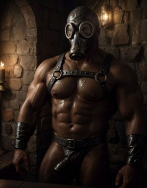 Hombre desnudo, arnés de cuero negro, máscara de gas, mazmorra gótica oscura, grilletes en paredes de piedra, luces rojas tenues, ambiente intenso y sensual, piel sudorosa, músculos tensos, arnés ajustado, máscara de gas brillante, sombras profundas, erotismo y poder.