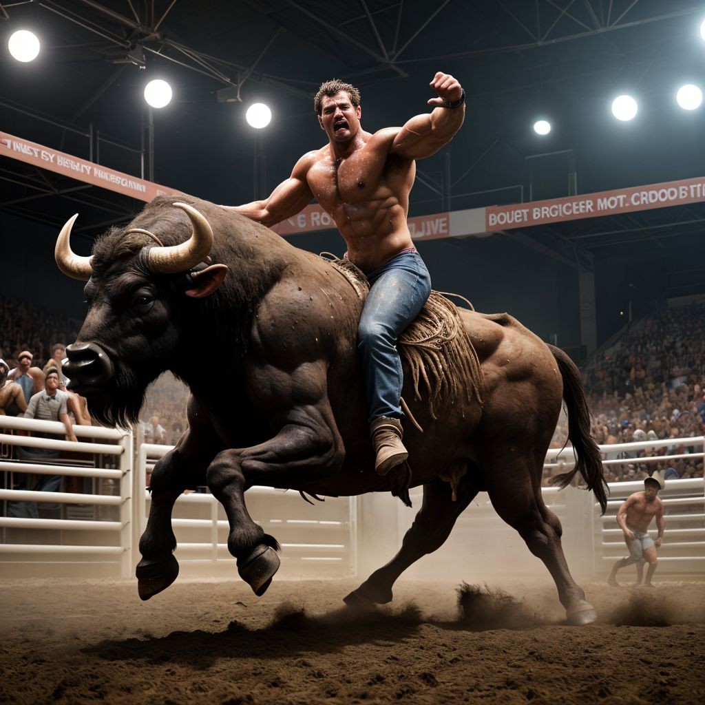 Hombre desnudo, musculoso, montando un búfalo en un rodeo, cuerpo sudoroso, genitales visibles, rodeado de polvo y multitud, luces intensas, movimiento dinámico, texturas realistas, ambiente emocionado y salvaje.