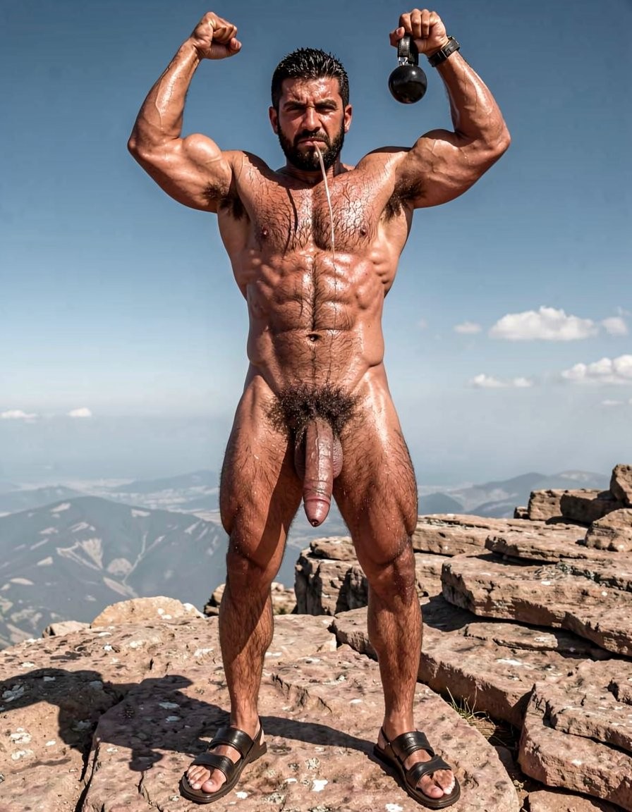 Muscular nude man posing standing on a rocky mountain peak, with his arms raised and flexed to show off very defined biceps, shoulders, pectorals, and abs. He has a dark beard, hair slicked back, black sandals, and a small kettlebell hanging from one hand, while looking forward with a serious, intense expression. His body is illuminated by direct sunlight, with visible body hair on his chest, legs, and pubis, and his penis exposed from the front. In the background there is an alpine landscape with rocks, distant valleys, mountains, and a clear blue sky with some clouds.