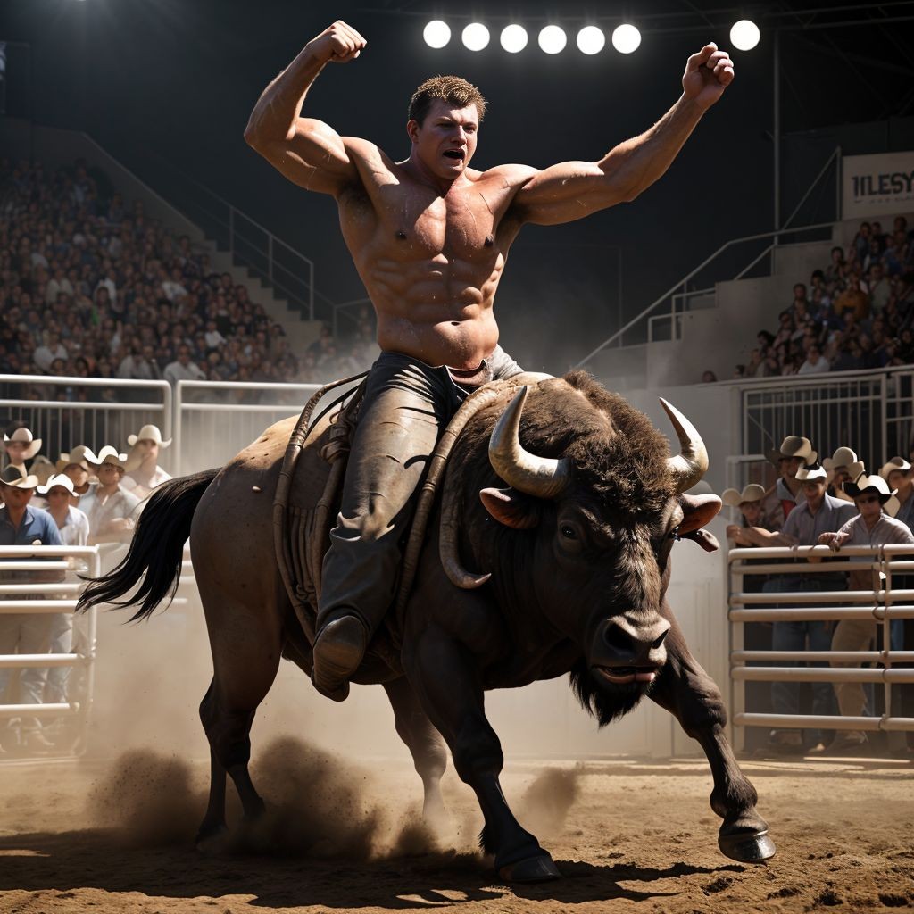 Hombre (((desnudo))) musculoso, montando un búfalo en un rodeo, cuerpo sudoroso, genitales visibles, rodeado de polvo y multitud, luces intensas, movimiento dinámico, texturas realistas, ambiente emocionado y salvaje.