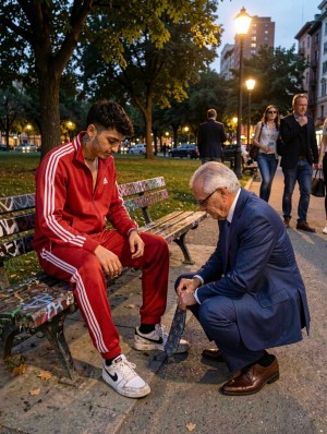 In an urban park at dusk, a young tracksuit lad, red and white tracksuit, Nike sneakers, sits sprawled on a graffiti-covered bench, legs spread wide apart. He commands with his body language while an older executive in a blue suit and expensive Oxford shoes kneels at his feet, forced to polish the dirty Nike sneaker with his expensive silk tie, fighting to hold his pride as passersby glance their way.