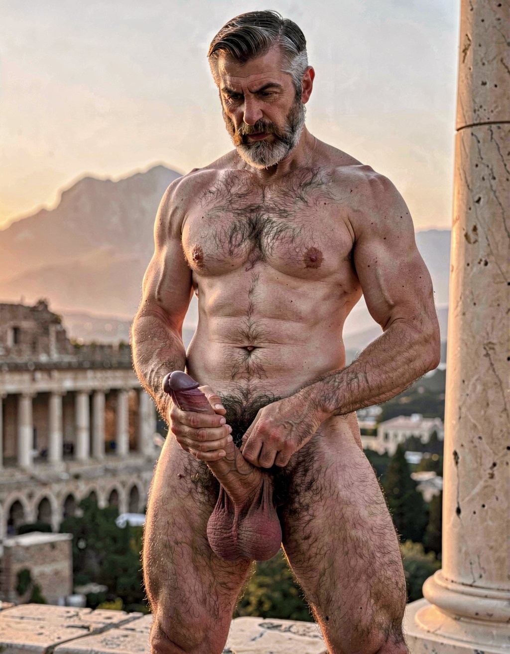 Pericles. A hyper-realistic full-body portrait of completely naked Pericles at 35 years old standing tall under the warm golden light of an Athenian sunset, as if Phidias had carved him from warm living marble and breathed life into him. Perfectly proportioned athletic body, 172 cm, 75 kg, 5% body fat, imposing and dignified presence. Elongated “onion-shaped” skull, short dark brown military-cut hair with silver at the temples, short dense well-groomed dark brown beard and finer trimmed mustache framing a stern aristocratic face with deep-set intense brown eyes. Strong muscular neck, broad rounded shoulders, powerful hairy pectorals with vertical dark trail, small dark hardened nipples, sharply defined abdomen with thick treasure trail leading to a dense curly dark pubic bush. His thick 22 cm erect penis with a slight upward curve, prominent veins along the darker shaft and flushed glans. Pericles is actively masturbating, sliding his right hand up and down the shaft with a steady rhythm. He grips his penis in a precise cylindrical hold: the index, middle, ring and pinky fingers of his right hand curved naturally around the lower perimeter on the front side of the shaft, slightly separated and perfectly adapting to its contour; the thumb positioned on the opposite rear side, also curved naturally around the lower perimeter, pressing gently to secure the grip. The hand conforms perfectly to the cylindrical shape with realistic finger placement and natural joint flexion. Heavy low-hanging testicles, firm round muscular ass, powerful veiny legs covered in dark hair, large masculine feet with the second toe slightly longer. Ultra-detailed skin texture, visible veins and subtle sweat sheen, razor-sharp anatomy, soft warm golden side lighting that sculpts every muscle and hair follicle, museum-quality historical sensual realism, softly blurred Acropolis at sunset in the background.