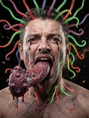 Un hombre con expresión de rabia y horror aparece en primer plano sobre fondo negro, con la boca abierta, ojos enrojecidos y lágrimas oscuras cayendo por el rostro. De su cabeza rapada brotan múltiples tubos o tentáculos de colores brillantes, verdes, rojos, morados, azules y naranjas, como cables orgánicos retorcidos que sustituyen al cabello. La piel del rostro y el torso desnudo está recorrida por venas luminosas y trazos rojos, azules y verdes, creando un efecto de biotecnología perturbadora. De la boca sobresale una lengua enorme y deformada con aspecto de corazón o víscera palpitante, cubierta de venas, bultos y sangre goteando, aportando un tono grotesco, surrealista y de terror corporal.