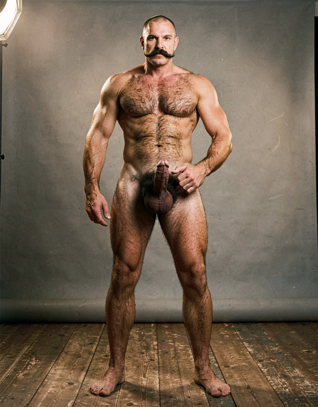 Mike Morris. A powerfully built 32-year-old man with advanced male pattern baldness and a thick dark brown handlebar mustache, stands naked in a warmly lit 1970s studio, his muscular body covered in dense dark brown hair across his broad chest and thick forearms, his erect penis fully exposed and standing long and thick, the prominent glans catching the light, heavy testicles hanging low beneath a dense patch of dark pubic hair. His bare feet are planted firmly on a worn wooden floor, the definition of his calf muscles and quadriceps sharply visible, one hand loosely at his side, the other resting on his hip, his expression intense and direct. Soft golden studio key light from above-left sculpts every detail of his defined pectorals, abdominal six-pack, and the veins running along his forearms and the dorsal side of his erect shaft, with deep shadows under his muscles, the image rendered in ultra-sharp focus with rich warm tones and subtle film grain, capturing the iconic Colt Studio aesthetic at its highest resolution.