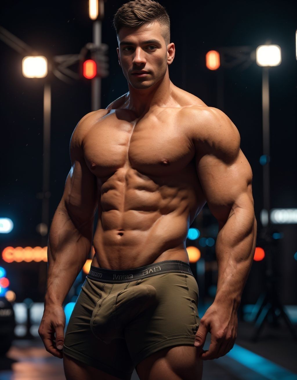 soldier wearing underwear, bulge, sharp focus, cinematic lighting, 8k, ultra high resolution, photorealistic, trending on ArtStation, professional photography, intricate details, vibrant colors