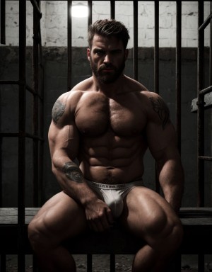 Hombres atractivos y musculosos en ropa interior, sentados en catres metálicos, en una celda de prisión oscura y sombría, con paredes de piedra frías y barrotes de hierro oxidados, iluminación tenue y sombras profundas, expresiones de desesperanza y resignación, ropa interior blanca y gris, cuerpos tonificados y definidos, tatuajes visibles en los brazos y torsos, cabello despeinado y barbas incipientes, ambiente de desolación y abandono, texturas realistas y detalles precisos, iluminación dramática y sombreado intenso.