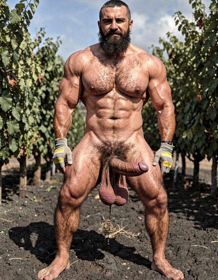 A hyper-realistic full-body vertical photograph taken in harsh midday Santorini sunlight over black volcanic soil between rows of Assyrtiko vines. Dimitris, 32, stands completely naked except for grey work gloves with yellow and white stripes, feet planted wide apart on the dark earth, toes gripping the soil. Shot from a low frontal angle so every inch from his big dirty feet to the top of his head is visible without cropping. His body is at 5% body fat, extremely muscular competition physique: huge veiny traps and shoulders, massive hairy pecs, eight-pack abs partially covered by dense black curly body hair that runs from his neck all the way down to his toes. Extremely thick black pubic bush, massive thick veiny Greek cock rock-hard and pointing upward almost touching his abs, swollen purple glans shiny with precum, a long clear drop hanging from the slit. Heavy low-hanging hairy balls. Thick black hair covers his powerful thighs, calves and feet. His face is pure predator: long thick connected black beard and mustache, short jet-black hair with shaved sides, dark intense eyes looking straight at the viewer, small silver earring in left ear. Skin deeply tanned and covered in sweat that makes the dense body hair glisten. Every muscle, every strand of wet black hair, every vein is razor sharp under the direct Mediterranean sun. Maximum photorealistic detail, vertical composition showing the entire body head to toe with no cropping.