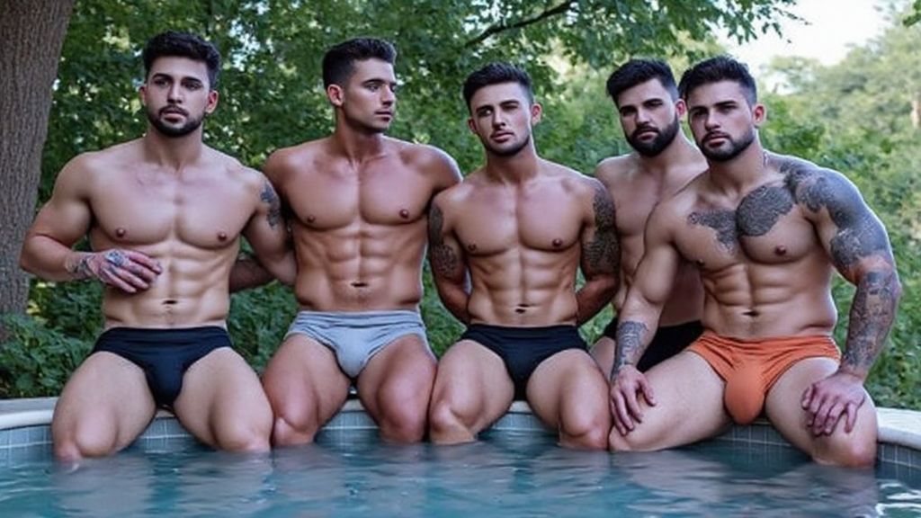 Cinco chicos morenos heterosexuales  con barba oscura y tatuajes, pertenecen a un equipo de natación,  se hallan cerca de Santa Cruz de la Palma para una competición,  posan en la  pequeña piscina del hotel casi metido en el bosque, están en calzoncillo, sentados en el borde, mostrando con orgullo sus cuerpos definidos