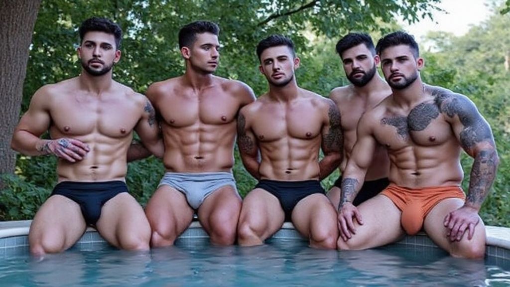 Cinco chicos morenos heterosexuales  con barba oscura y tatuajes, pertenecen a un equipo de natación,  se hallan cerca de Santa Cruz de la Palma para una competición,  posan en la  pequeña piscina del hotel casi metido en el bosque, están en calzoncillo, sentados en el borde, mostrando con orgullo sus cuerpos definidos