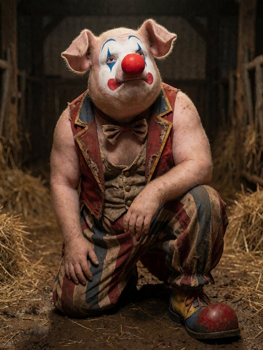 Disturbing character with a pig mask and clown makeup, kneeling on the dark floor of a barn covered with straw, with a decadent and sinister circus aesthetic. He wears a round red nose, painted cheeks, blue lines around the eyes and large pig ears, combined with a worn red vest with gold trim, brown bow tie, aged shirt and vertical striped trousers in muted tones. His robust body and bare arms reinforce a heavy, theatrical presence, while a large red clown shoe stands out in the foreground. The wooden background, the dim light and the scattered straw create a rural, dark and disturbing atmosphere, close to the terror of a fair or abandoned circus.