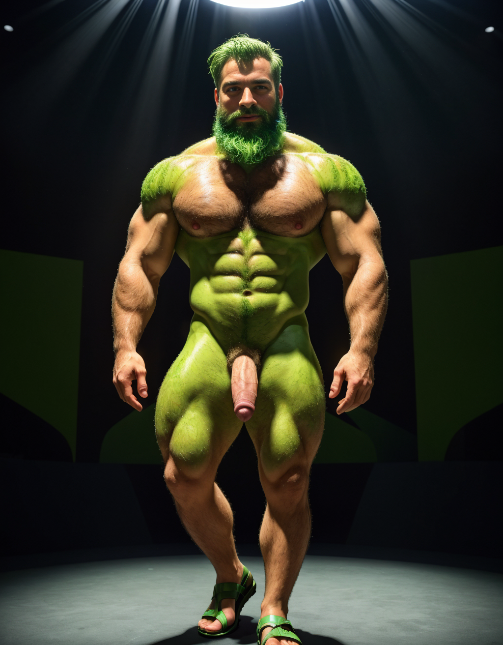 Hombre de color verde desnudo musculoso, tiene pene verde, tiene testículos verdes. Tiene mucho vello. Tiene pelo verde. Tiene barba verde. Tiene sandalias verdes. Tiene pezones muy grandes largos y puntiagudos salen chorros de leche liquido blanco de los pezones.