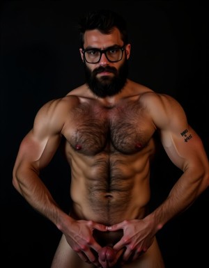 Fotografía hiperrealista de un hombre adulto musculoso a la vista desde los pies para arriba hasta la cabeza, tiene cuerpo muy delgado con músculos marcados y definidos, rostro masculino idéntico a la imagen de referencia, está totalmente desnudo con polla erecta de treinta centímetros de longitud y ocho centímetros de diámetro, tiene rasgos marcados duros expresivos, barba densa poblada tupida oscura estilo hipster cubriendo completamente mandíbula mentón mejillas con grosor uniforme textura abundante muy definida, bigote denso tupido oscuro conectado perfectamente con la barba completa cubriendo completamente el labio superior, pelo oscuro medio peinado completamente recto hacia arriba con volumen considerable estilo hipster moderno quiff puntas verticales texturizadas hacia el cielo con altura prominente, cejas gruesas oscuras pobladas muy marcadas definidas, gafas de montura completa negra cuadradas grandes estilo hipster moderno sobre el puente de la nariz enmarcando unos ojos oscuros intensos que miran directamente a cámara con expresión seria penetrante confiada, expresión facial seria masculina sin sonrisa con mirada directa desafiante, pómulos marcados definidos angulares, nariz recta proporcionada, labios medios apenas visibles completamente cubiertos por bigote denso que conecta con la barba hipster completa, torso desnudo muy musculoso con pectorales enormes desarrollados y definidos, hombros anchos musculosos deltoide prominentes, brazos musculosos gruesos con bíceps y tríceps marcados visibles a ambos lados del cuerpo, abdomen tonificado marcado visible desde la cintura, piel con textura realista detallada poros imperfecciones sutiles, vello corporal denso oscuro abundante cubriendo pectorales abdomen brazos hombros con textura natural masculina muy visible, tatuaje en tinta negra en el bíceps del brazo derecho con la palabra exacta "hipsterbarba" en tipografía negra sans-serif clara legible tatuada sobre la piel del brazo de tamaño mediano visible proporcionado, iluminación dramática lateral direccional que crea contraste alto marcado entre luces brillantes y sombras profundas resaltando la estructura facial angular la barba hipster densa las gafas cuadradas grandes el vello corporal abundante la musculatura del torso los brazos y el tatuaje con la palabra "hipsterbarba" en el bíceps derecho, fondo completamente oscuro negro liso uniforme desenfocado sin distracciones, fotografía analógica en color de alto contraste con grano fotográfico sutil visible estilo retrato hipster masculino fitness, enfoque nítido absoluto perfecto en el rostro especialmente en los ojos detrás de las gafas la barba hipster densa el bigote tupido el pelo vertical el vello corporal el torso musculoso y el tatuaje con la palabra "hipsterbarba" en el brazo derecho, encuadre vertical desde la cintura hacia arriba mostrando completamente todo el torso superior los brazos musculosos y la cabeza, calidad fotográfica hiperrealista 8K máxima definición detalle extremo, renderizado cinematográfico fotorrealista profesional.