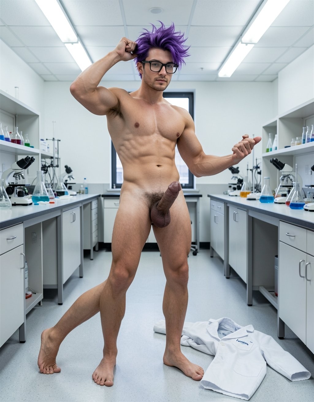 A naked, muscular man poses standing in a modern laboratory, with a defined torso, black glasses, and messy purple hair that gives him a striking and eccentric appearance. He is barefoot on the gray floor, with one leg slightly crossed and one arm raised toward his head, while his penis is clearly visible in the center of the composition. Around him are white benches, microscopes, flasks, and test tubes with blue liquids, as well as shelves with laboratory equipment under fluorescent lights. On the floor, next to his feet, there is a white lab coat lying discarded, reinforcing the feeling of a provocative and surreal scientific scene.