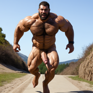 Hombre totalmente desnudo musculoso con pene grande, está corriendo junto a otro hombre totalmente desnudo con pene grande tieso y testículos grandes peludos. 