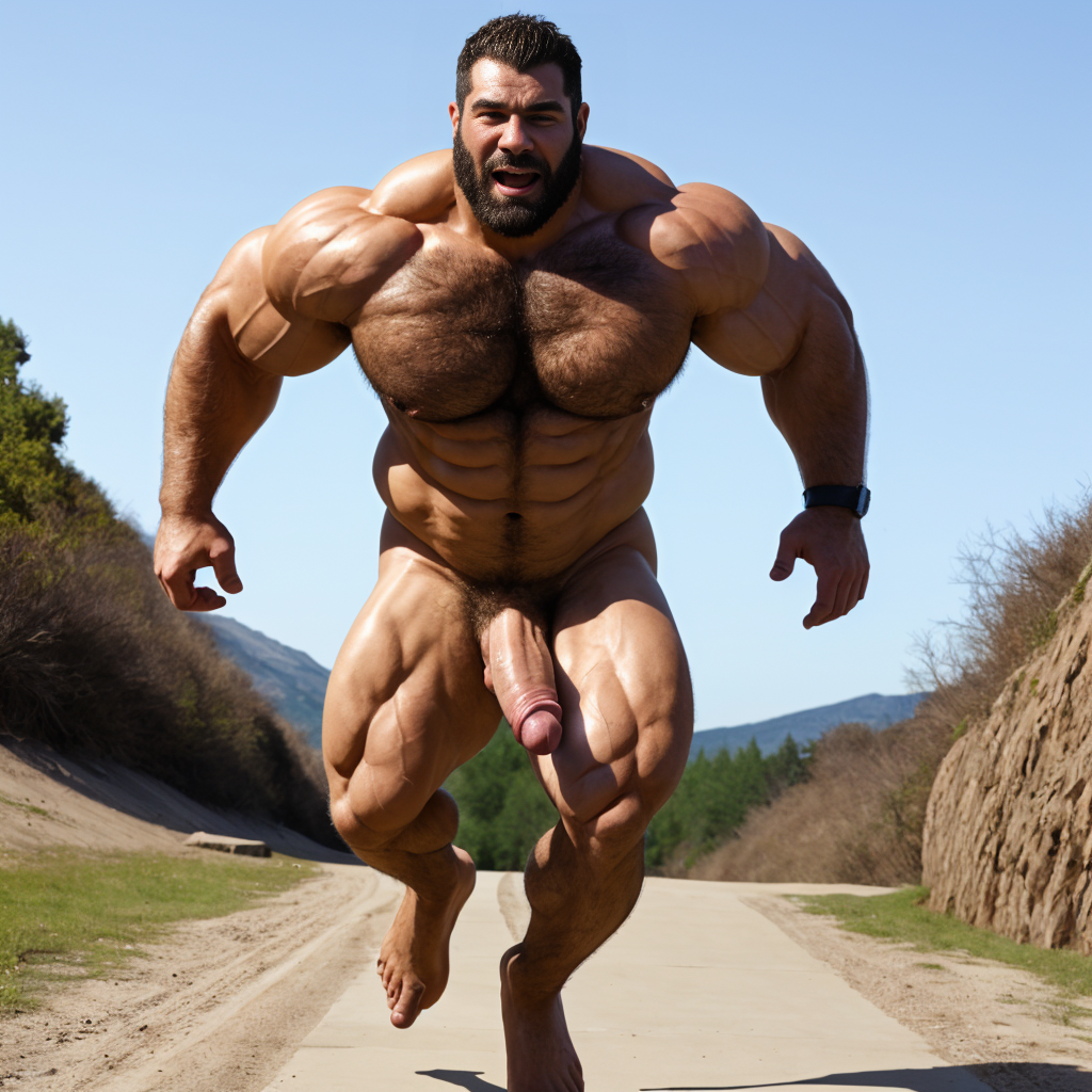 Hombre totalmente desnudo musculoso con pene grande, está corriendo junto a otro hombre totalmente desnudo con pene grande tieso y testículos grandes peludos. 