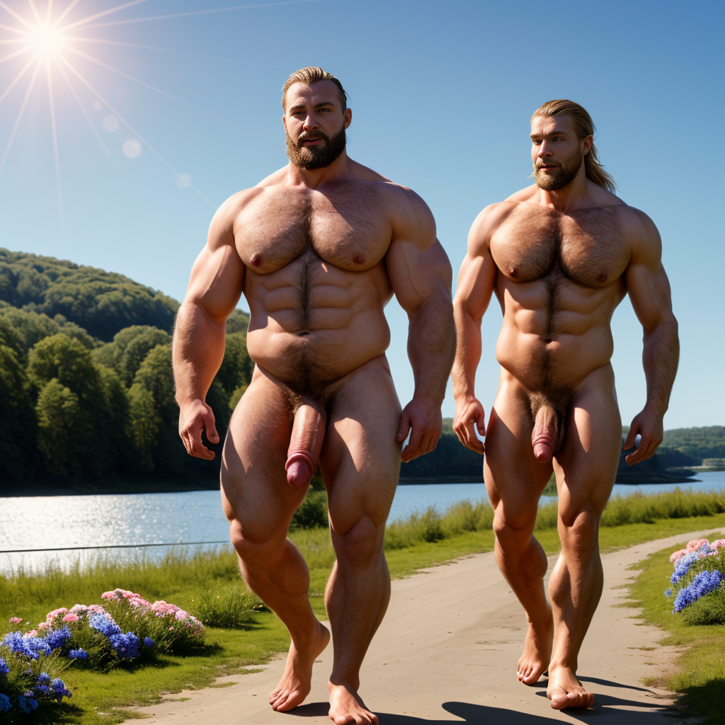 Dos hombres machos musculosos desnudos muy viriles con pene grande y testículos grandes y peludos. Caminando ⛓️ 🌞 🏞️ 🇸🇪 😆 😂 💐 🪀 