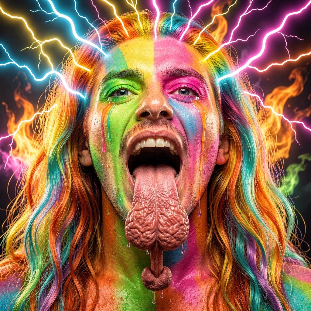 Rostro en primer plano de una persona con el pelo largo y ondulado teñido en tonos arcoíris, cubierta de pintura fluorescente verde, rosa, azul y amarilla que cae por la cara como lágrimas de color. La boca está muy abierta y de ella sobresale una lengua exageradamente larga, de textura rugosa y arrugada, con apariencia surrealista similar a un cerebro o una forma fálica, rematada por pequeñas protuberancias y gotas de saliva. El fondo está cargado de relámpagos eléctricos de neón, llamas naranjas y verdes, creando una atmósfera psicodélica, intensa y caótica. La expresión combina euforia, grito y provocación visual, con estética cyberpunk, arte digital, fantasía alucinógena y colores saturados.
