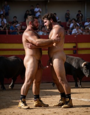 Un torero español musculoso y velludo de 50 años, con torso atlético y marcado, se muestra completamente desnudo, destacando su pene de 30 cm de longitud y 5 cm de grosor, perfectamente formado y rodeado de un denso vello púbico castaño oscuro. Sus testículos, perfectamente formados, cuelgan de forma prominente. La piel bronceada y sudorosa resalta su musculatura definida, con pectorales y abdominales bien marcados y sin grasa. El cabello largo y castaño oscuro está despeinado y sudoroso, con gotas de sudor resbalando por su frente y mejillas. Una barba incipiente y un vello corporal denso que se extiende por su pecho, piernas y brazos completan su apariencia viril. Lleva zapatillas doradas en sus pies.

A su lado, un hombre musculoso y velludo de 30 años, completamente desnudo, muestra un pene de 30 cm de longitud y 7 cm de grosor, hermoso y perfecto, rodeado de un denso vello púbico pelirrojo. Su piel bronceada y sudorosa muestra una musculatura definida, con pectorales y abdominales muy marcados. Tiene cabello pelirrojo despeinado y sudoroso. Tiene una barba pelirroja densa pero bien recortada. El vello corporal pelirrojo denso cubre su pecho, y tiene mucho vello pelirrojo en sus piernas y brazos, lo que realza su apariencia masculina y atlética. Están en la plaza de toros con un toro salvaje. Se aman

Ambos hombres se encuentran en una plaza de toros, con sombras que resaltan su musculatura y vello corporal, creando un ambiente sensual y cargado de tensión. Están en pleno acto de pasión, con sus penes erectos y testículos prominentes ,destacando su musculatura, vello corporal y atributos viriles en una imagen impactante y llena de energía. La escena está llena de sensualidad y poder, con los dos hombres como protagonistas, en un ambiente cargado de pasión y erotismo. La imagen es híper realista, con detalles de alta calidad, y muestra la unión de los dos hombres en un acto de pasión y dominio, con sus cuerpos musculosos y velludos completamente desnudos y visibles, mostrando su excitación y pasión en cada detalle. Tienen sus penes erectos. Están totalmente desnudos. Tienen un pene de 40 cm de longitud y 7 cm de diámetro. Son felices y sonríen. Amor. Se abrazan por la cintura con fuerza y pasión, están pegados.