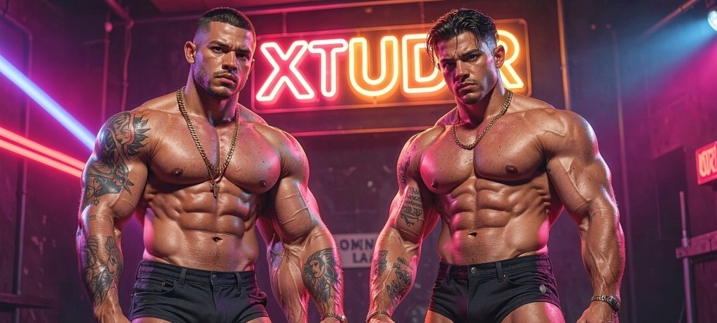 Dos hombres de 19 años, musculosos y atléticos, visten jockstraps ajustados que resaltan sus cuerpos tonificados. Ambos lucen tatuajes prominentes en sus brazos y torsos, con diseños que reflejan su personalidad audaz y su estilo scally. Cadena de oro brillante cuelga de sus cuellos, añadiendo un toque de elegancia street a su apariencia general. Sus rostros exhiben una actitud machista, con miradas desafiantes y confiadas.

Al fondo, un cartel de neon ilumina la escena con la palabra XTUDR, creando un ambiente vibrante y energético. La luz del cartel resalta la musculatura de los jóvenes, haciendo que sus cuerpos parezcan aún más definidos y atractivos. Los jockstraps, ajustados y reveladores, dejan poco a la imaginación, mientras que los tatuajes y las cadenas añaden un toque de rebeldía y osadía a su estilo.

La escena está llena de energía y sensualidad, con los dos hombres ocupando el centro de la imagen. Sus cuerpos, tonificados y atractivos, son el foco principal, mientras que el cartel de neon y el estilo scally proporcionan un contexto urbano y audaz. La imagen es hiperrealista, con detalles de alta calidad que capturan cada curva y cada músculo de los jóvenes, creando una sensación de presencia y sensualidad. Luces estroboscopicas de colores.