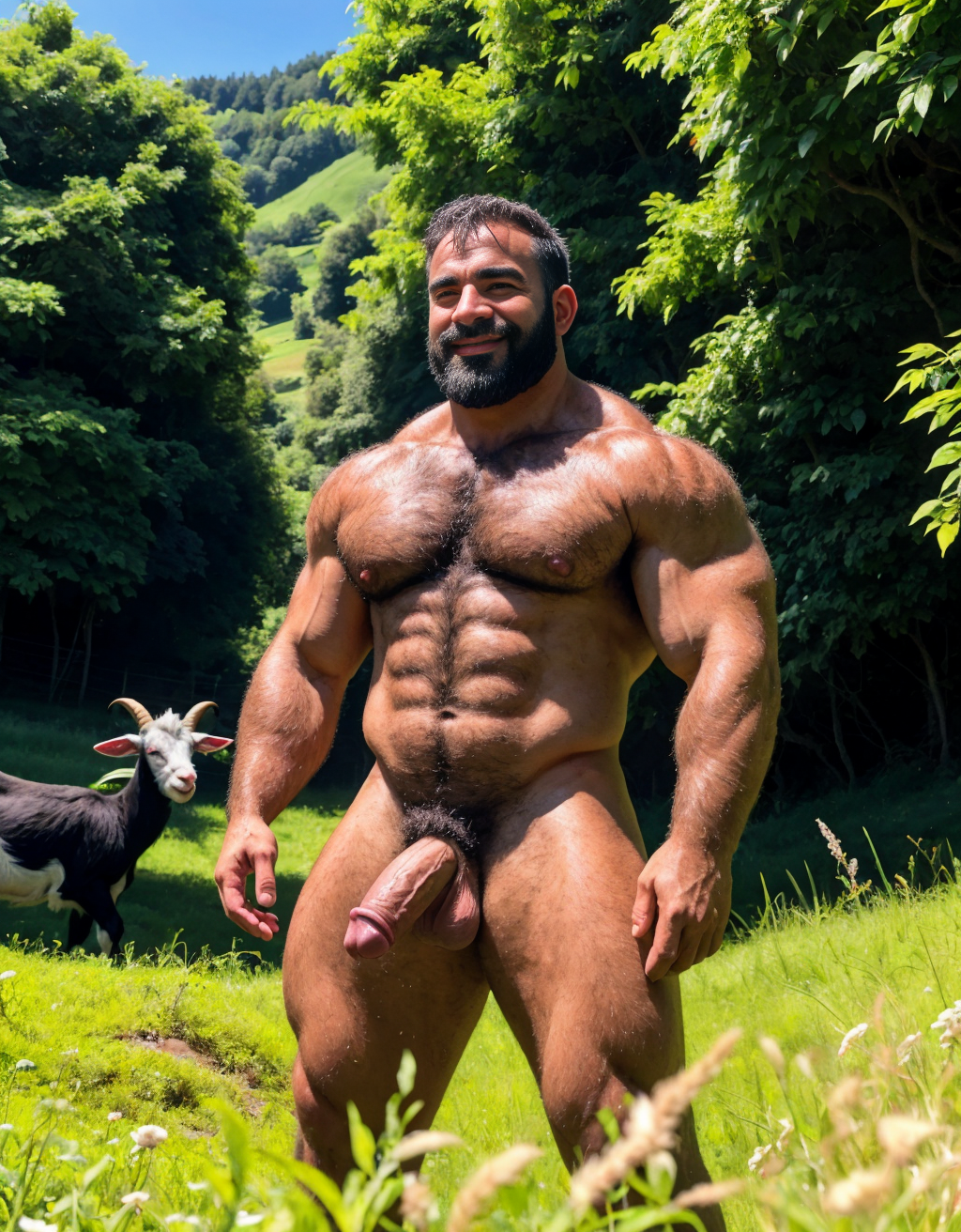 Un hombre desnudo y musculoso y muy velludo, está con cabras en el prado verde, está contento y alegre, tiene el pene grande y largo por donde eyacula. Está rodeado de cabras y cabrones.